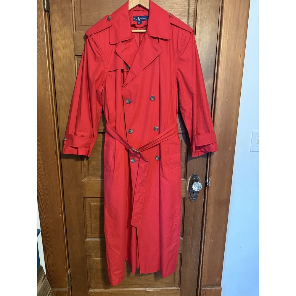 Polo Ralph Lauren Vintage Classic Red Cotton Trench Coat 14 Long Womens